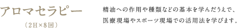 アロマセラピー（2H×8回）精油への作用や種類などの基本を学んだうえで、医療現場やスポーツ現場での活用法を学びます。