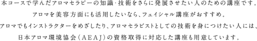 本コースで学んだアロマセラピーの知識・技術をさらに発展させたい人のための講座です。アロマを美容方面にも活用したいなら、フェイシャル講座がおすすめ。アロマでもインストラクターをめざしたり、アロマセラピストとしての技術を身につけたい人には、日本アロマ環境協会（AEAJ）の資格取得に対応した講座も用意しています。